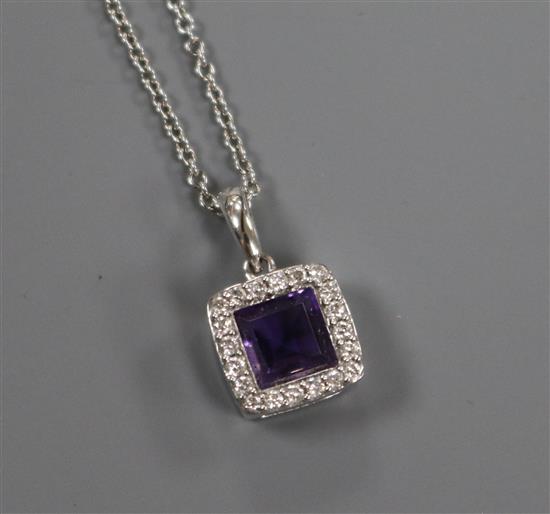 An 18ct (750) white gold, amethyst and diamond square pendant on chain, pendant 8mm.
